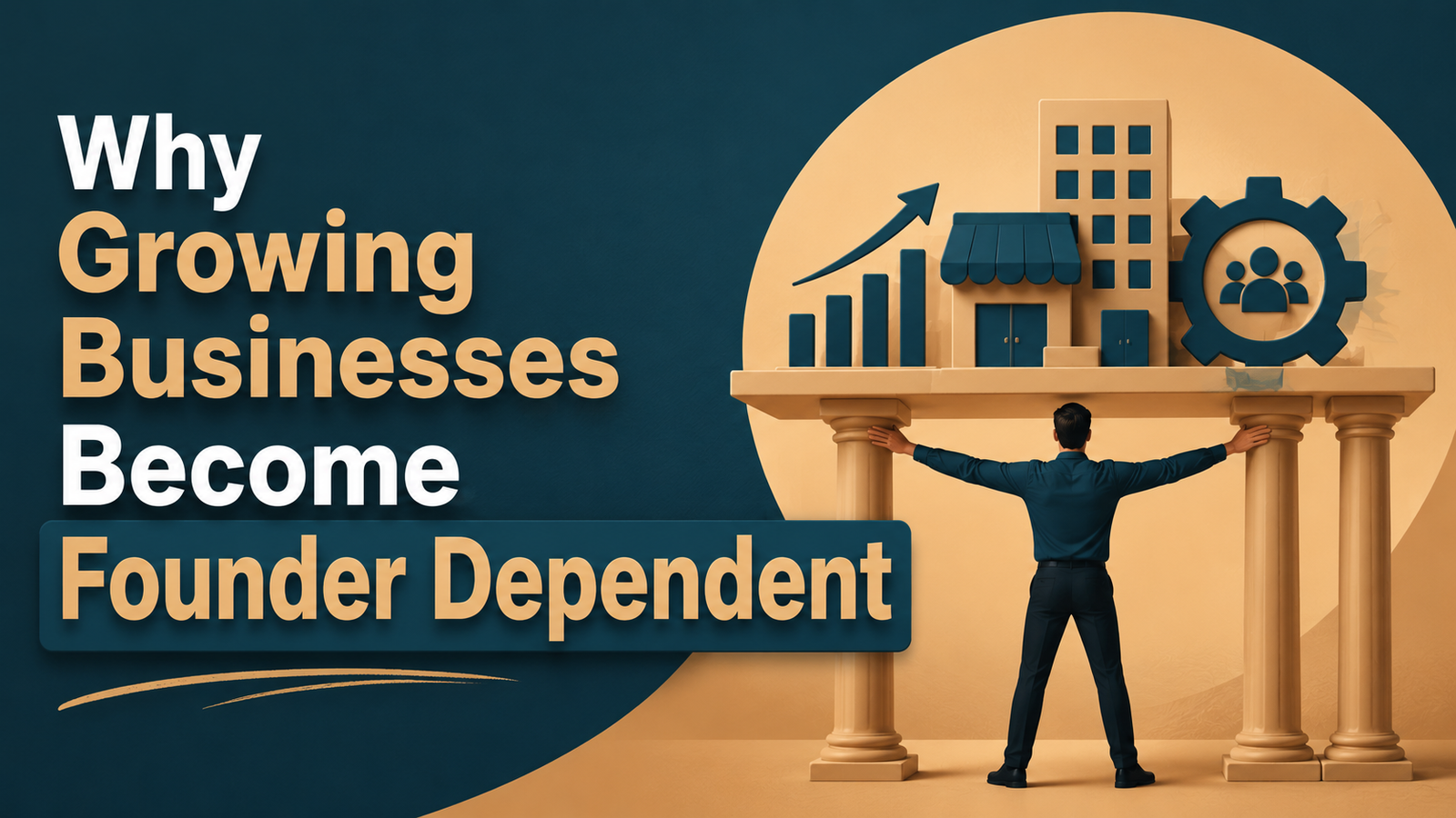 Why growing businesses become founder dependent — an illustration of a founder holding up the business on pillars